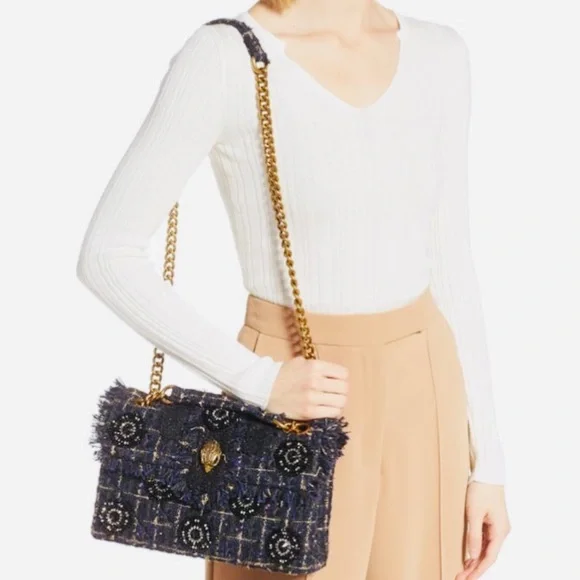 KURT GEIGER NAVY & BLACK EMBELLISHED with Gold Accent Tweed Handbag - Gold Chain - Picture 12 of 16